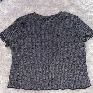 Grey, black. Stretchy cropped tee. $4, brand new.
